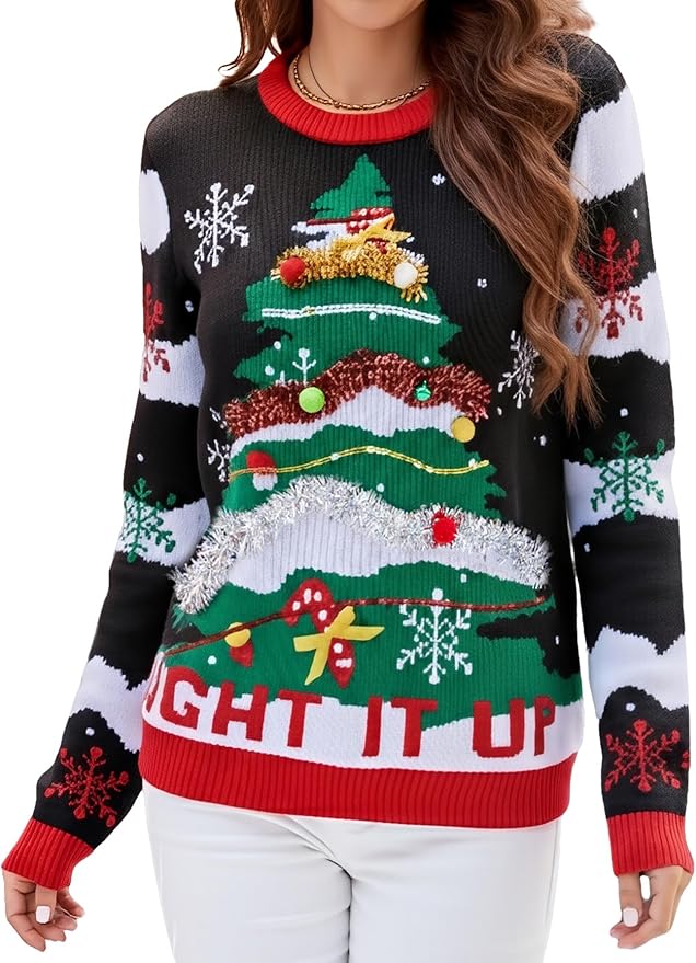 IFFEI Womens Ugly Christmas Sweater Novelty Print Crew Neck Sweater Pullover
