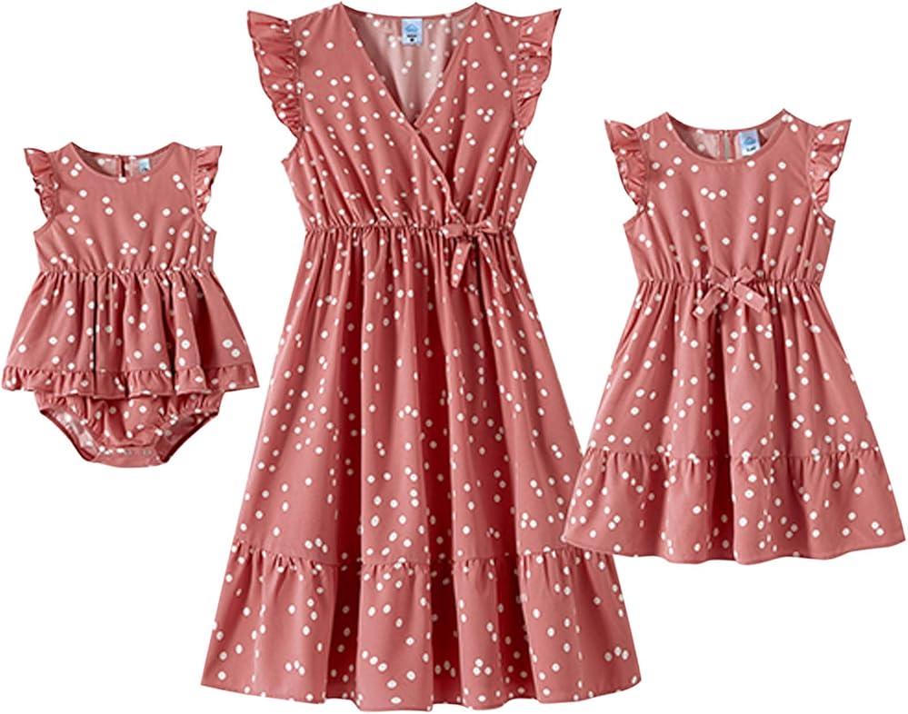 IFFEI Mommy and Me Dresses Outfits Family Matching Dots Pink Ruffle Flutter-Sleeve Dress for Mother and Daughter