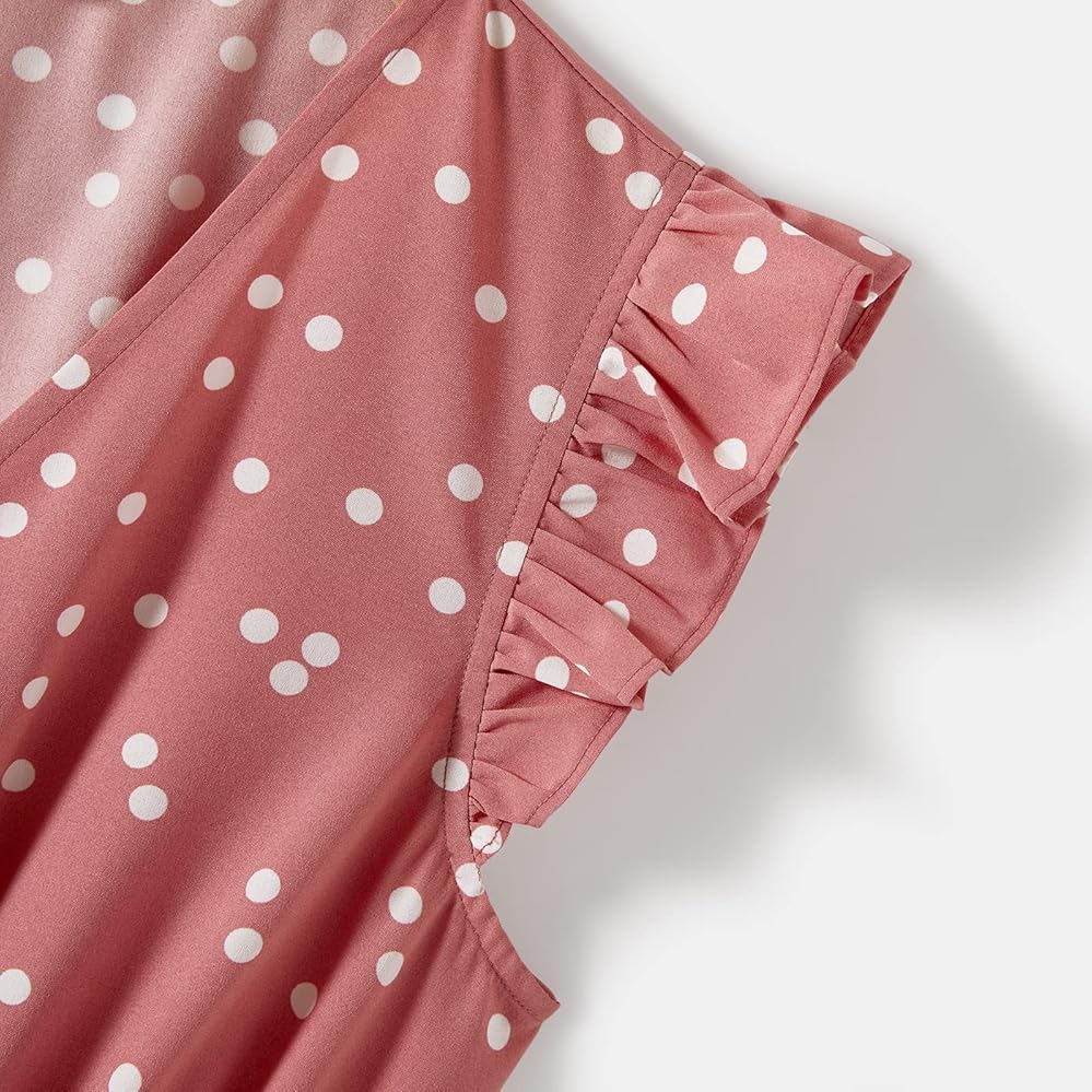 IFFEI Mommy and Me Dresses Outfits Family Matching Dots Pink Ruffle Flutter-Sleeve Dress for Mother and Daughter