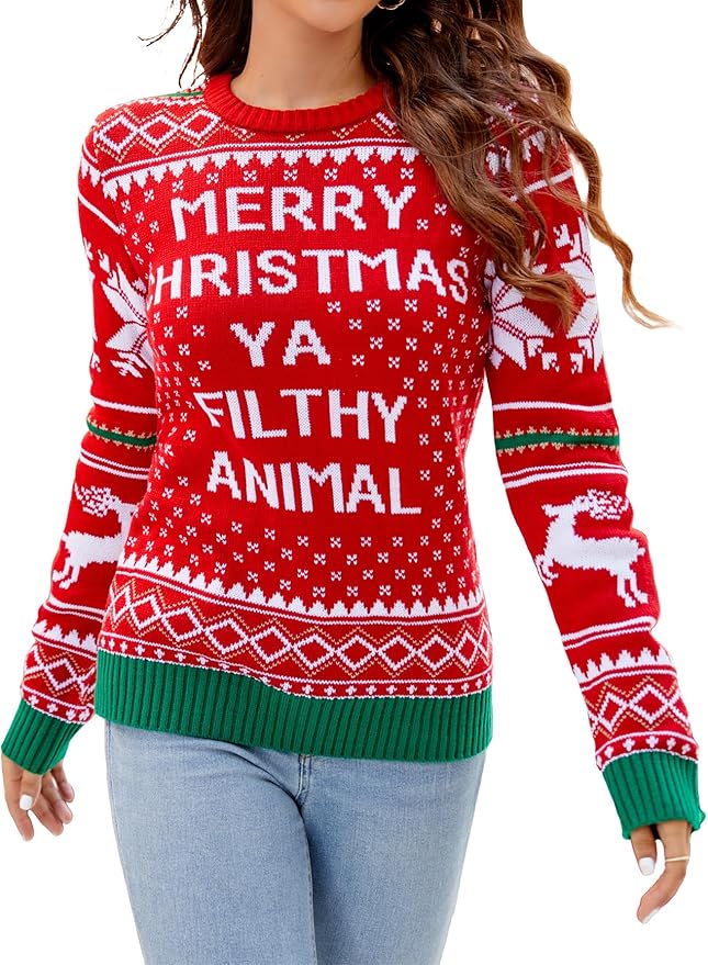 IFFEI Womens Ugly Christmas Sweater Novelty Print Crew Neck Sweater Pullover