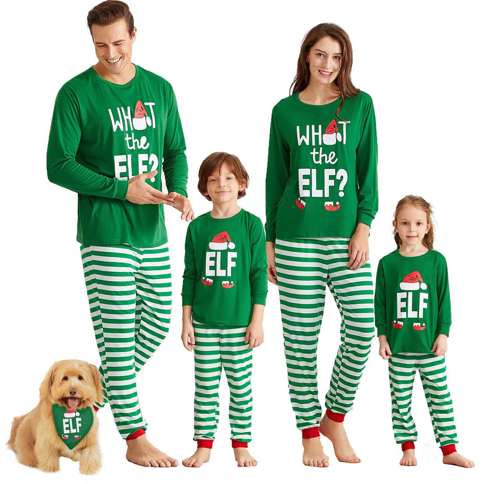 IFFEI Matching Family Christmas Pajamas Sets Holiday PJ's with ELF Printing Long Sleeve Tee and Striped Pants with Pocket