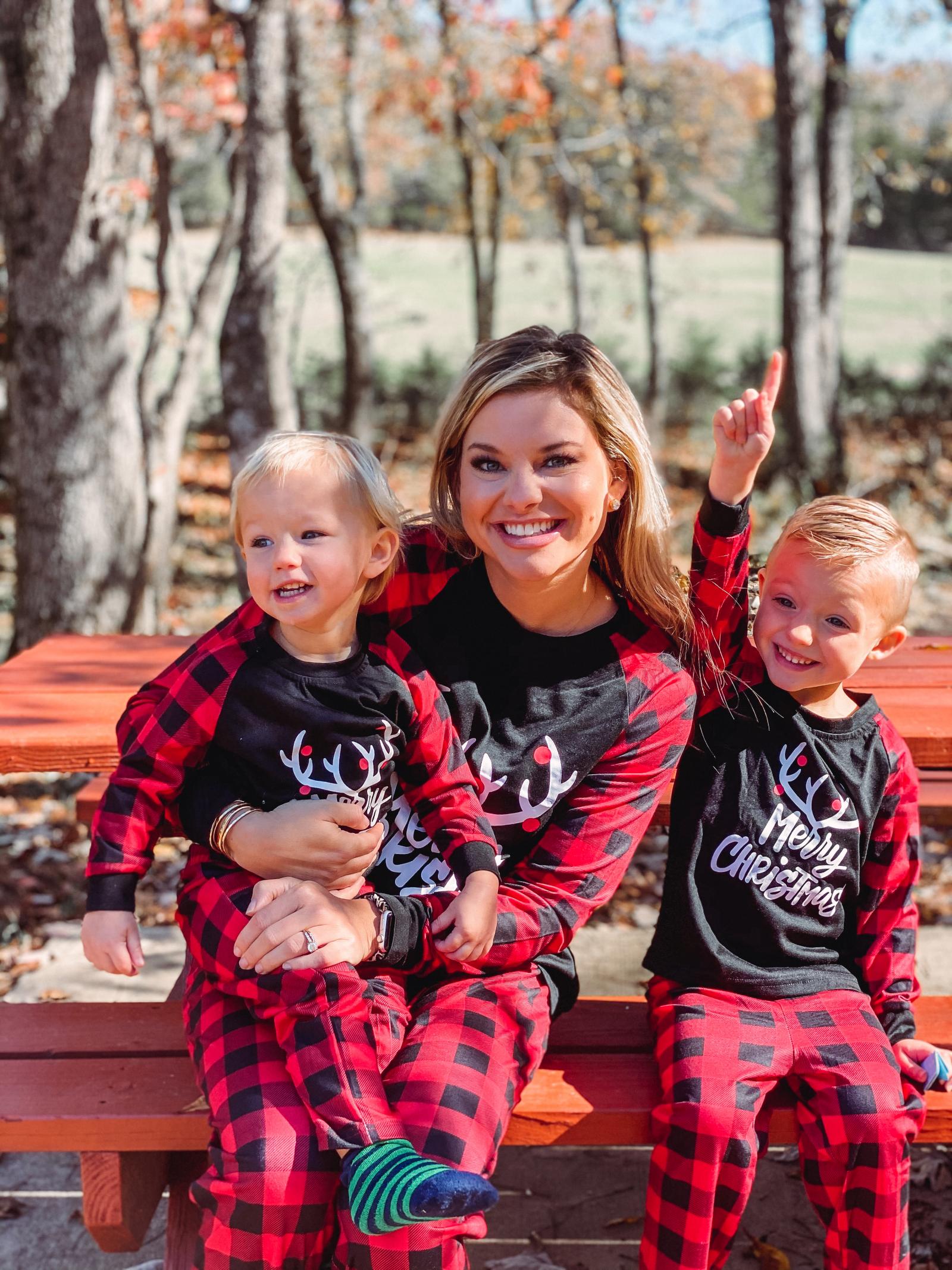 IFFEI Matching Family Pajamas Sets Christmas PJ's with Letter and Plaid Printed Long Sleeve Tee and Bottom Loungewear