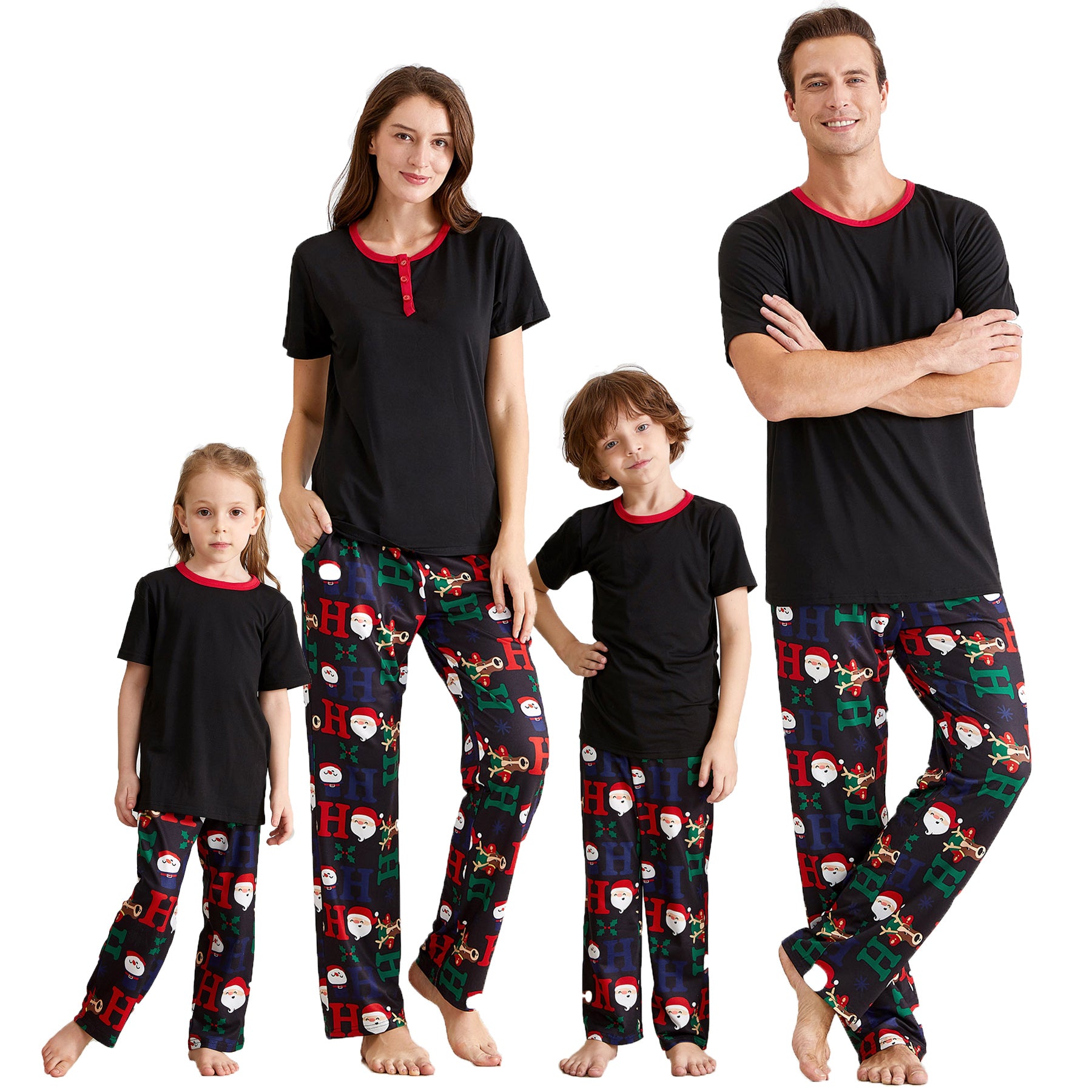 IFFEI Matching Family Pajamas Sets Christmas PJ's with Short Sleeve Black Tee and HOHOHO Print Pants Loungewear with Pocket