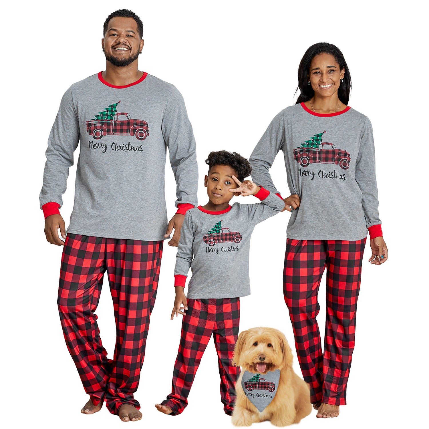 IFFEI Matching Family Pajamas Sets Christmas PJ's Sleepwear Truck Print Top and Plaid Pants with Pocket