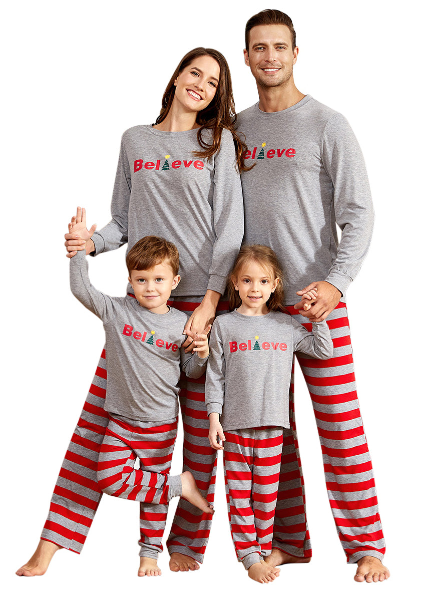 IFFEI Family Matching Pajamas Set Christmas PJ's Sleepwear Believe Printed Top and Striped Bottom with Pocket