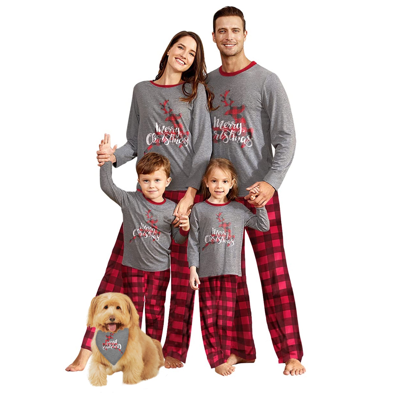 IFFEI Matching Family Pajamas Sets Christmas PJ's Sleepwear Merry Christmas Reindeer with Plaid Bottom with Pocket