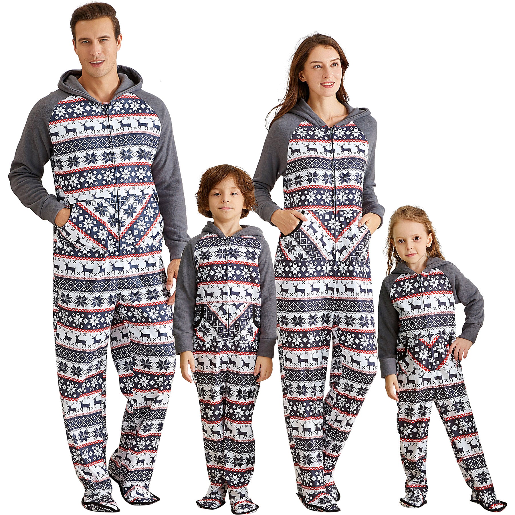 IFFEI Matching Family Footed Pajamas Hoodie Sleeper Christmas PJ's Festival Snowflake Plush Cozy Warm Onesie with Pockets