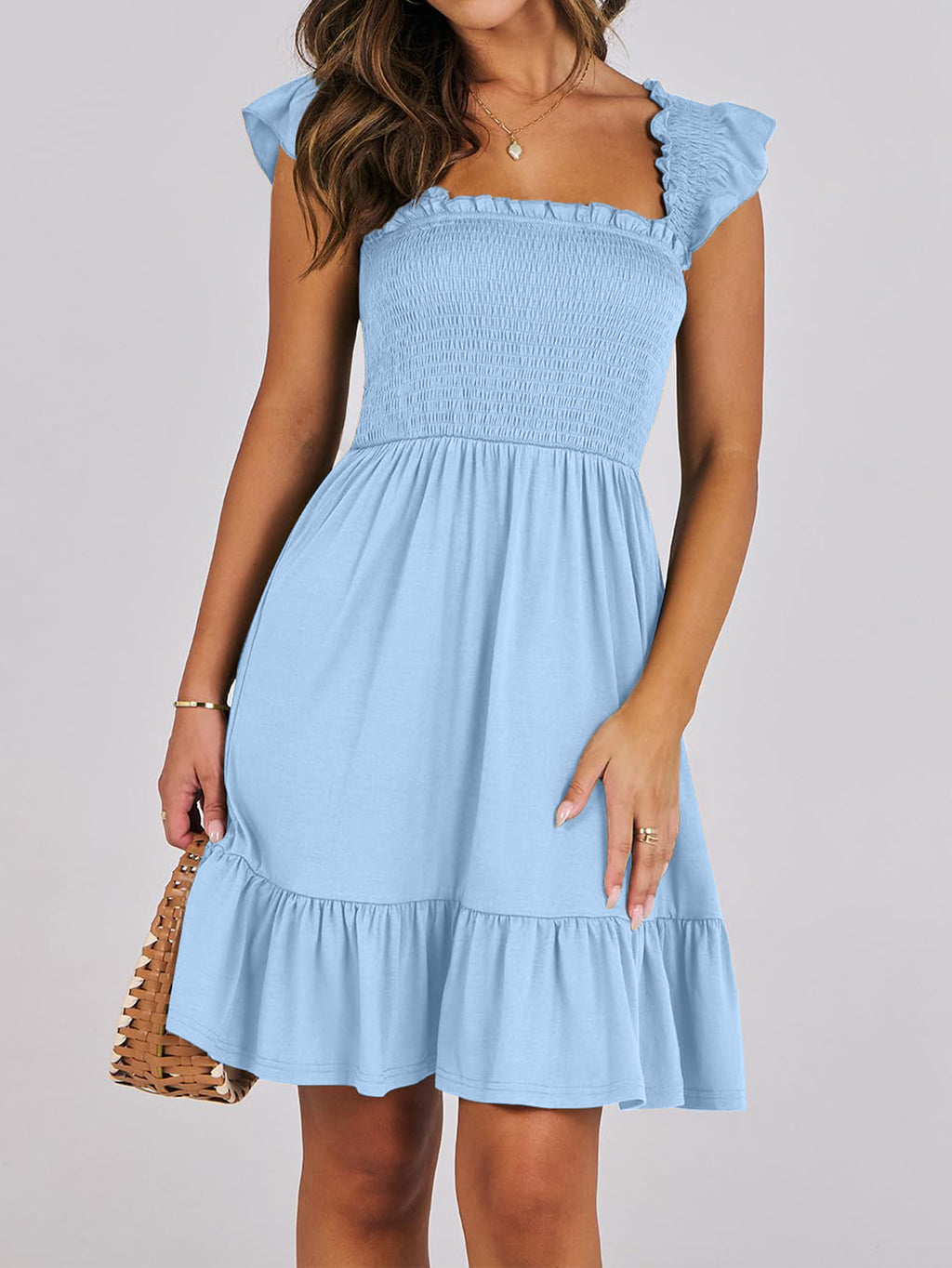IFFEI Mommy and Me Matching Dresses Womens Smocked Ruffle Sleeve Mini Dress Vacation Beach Family Matching Outfits