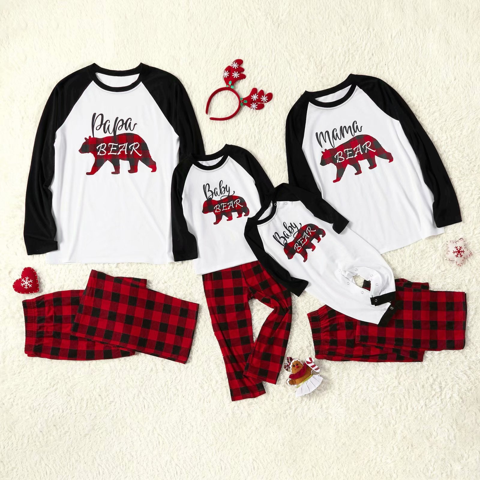 IFFEI Matching Family Pajamas Sets Christmas PJ's with Bear Printed Tee and Plaid Bottom Loungewear