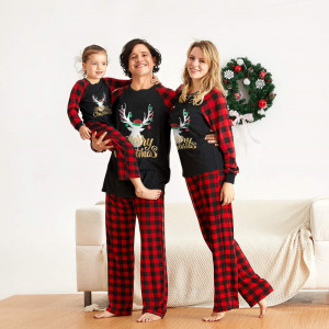 IFFEI Matching Family Pajamas Sets Christmas PJs with Letter and Plaid Printed Long Sleeve Tee and Bottom Loungewear 