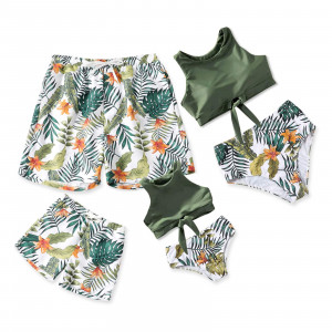 IFFEI Family Matching Swimwear One Piece Floral Printed Bathing Suit Tank Top Striped Beachwear Dark Green 