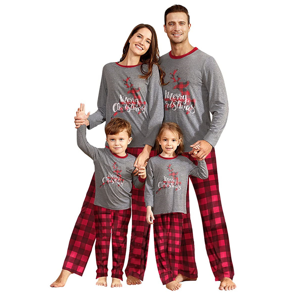 IFFEI Matching Family Pajamas Sets Christmas PJ's with Deer Long Sleeve Tee and Plaid Pants Loungewear 