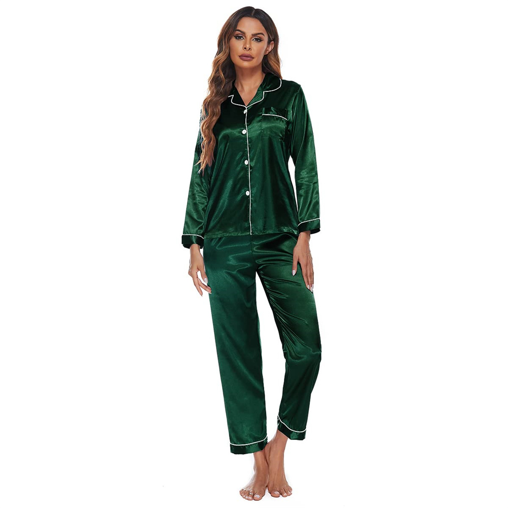 Green Two Piece Silk Satin Pajamas Set for Women