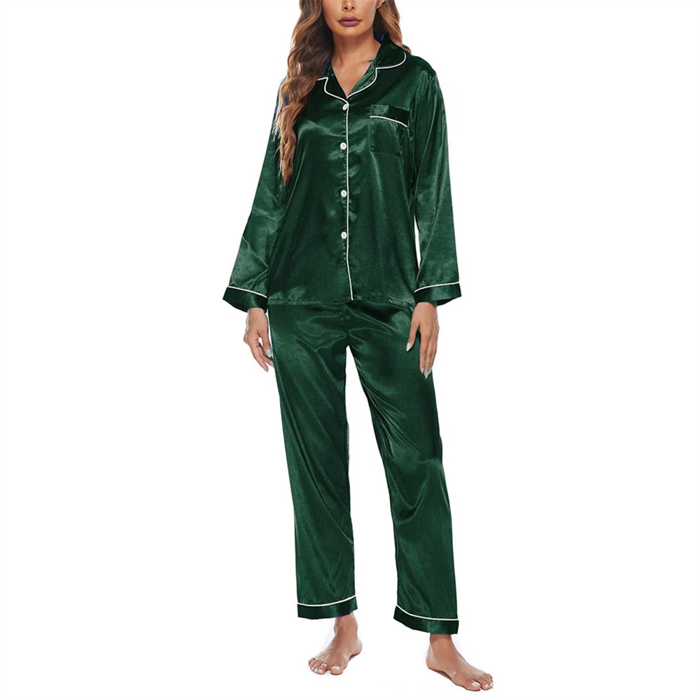 Green Two Piece Silk Satin Pajamas Set for Women