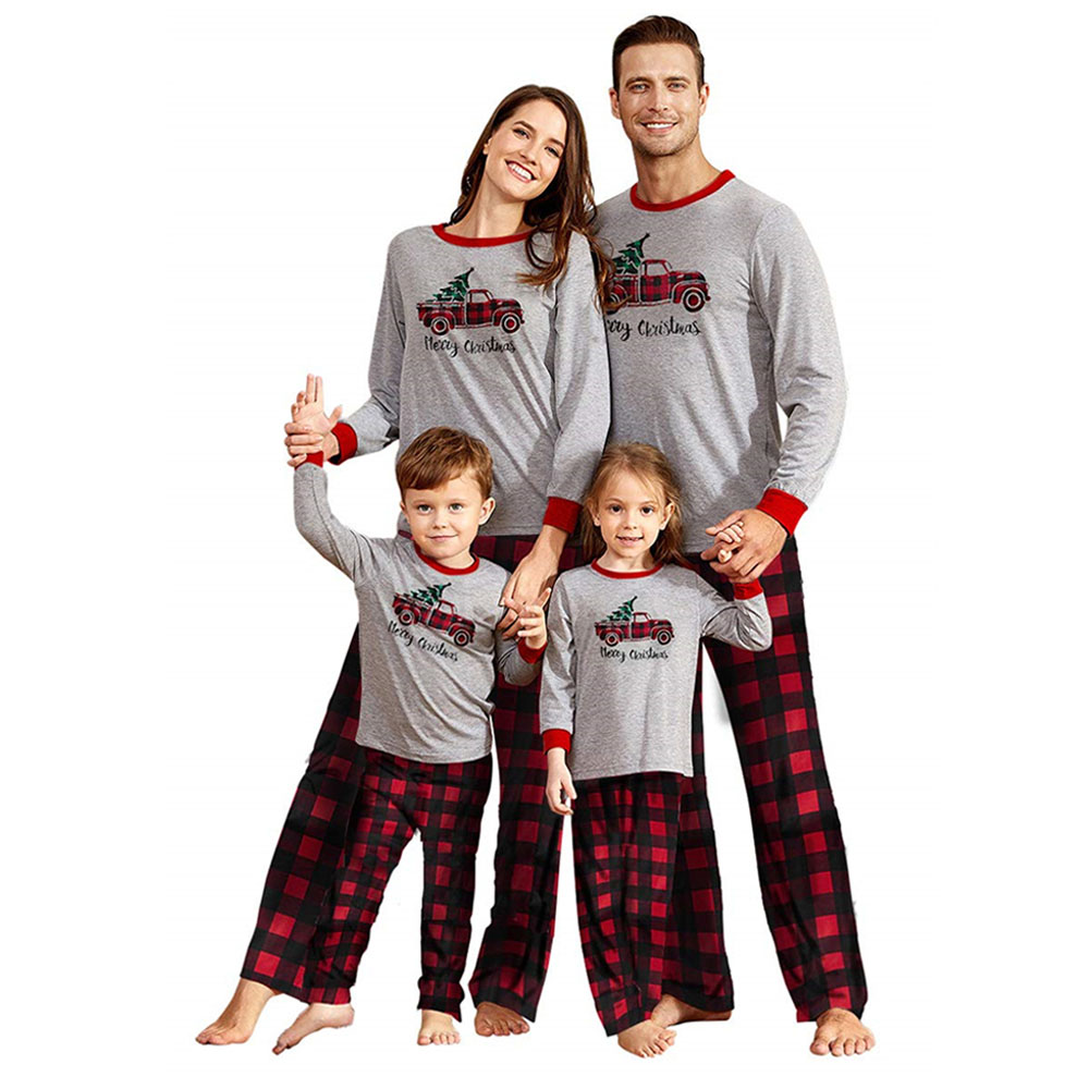 Yaffi Family Matching Pyjamas Set Christmas Deer Printed Top with Plaid Pants Two Pieces Nightwear PJs Lounge Wear 